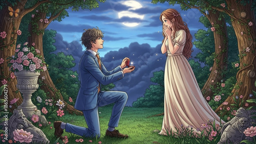 A romantic proposal scene in a serene garden at night with a moonlit sky