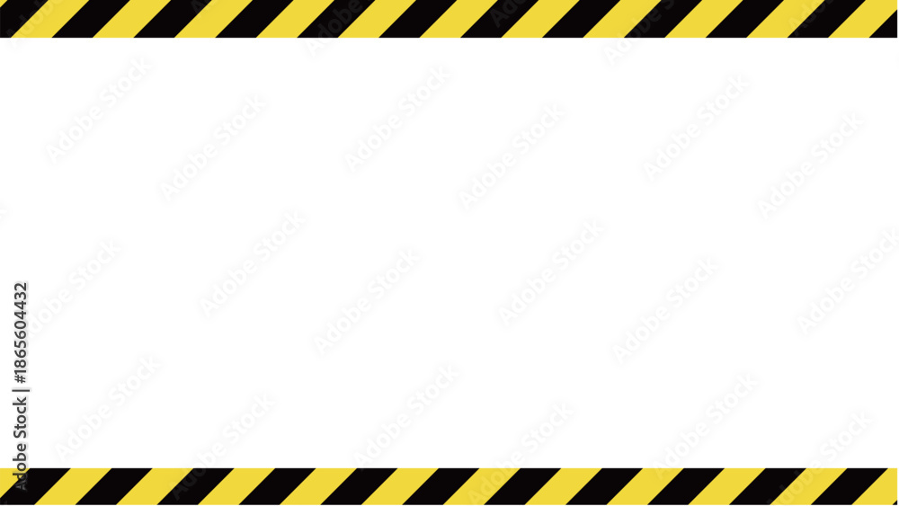Naklejka premium 黄色と黒の警告色の斜めなストライプフレーム。危険やエラーを警告する縞模様。上下にテープが貼られた飾り枠のベクター素材