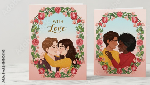 A vector graphic illustration of two couples on pink greeting cards with floral wreaths