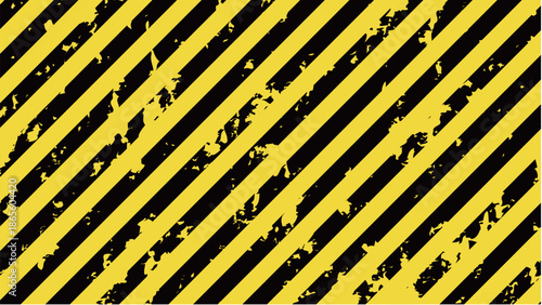 擦れてレトロな雰囲気の黄色と黒の警告色の斜めなストライプ背景。危険やエラーを警告するビンテージな縞模様のテクスチャ