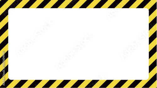 黄色と黒の警告色の斜めなストライプの長方形フレーム。危険やエラーを警告する縞模様。四方を柄で囲まれた飾り枠のベクター素材