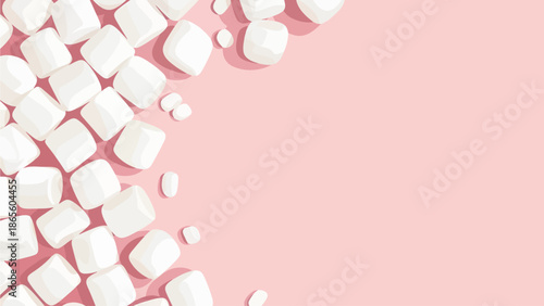 Top view flat lay of soft white marshmallows scattered across a pastel pink background, creating a sweet dessert frame with ample copy space for text or design elements