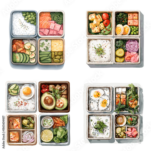 Top view illustration of bento style meal boxes filled with rice vegetables and protein. Organized healthy lunches designed for food planning menu and lifestyle visuals.