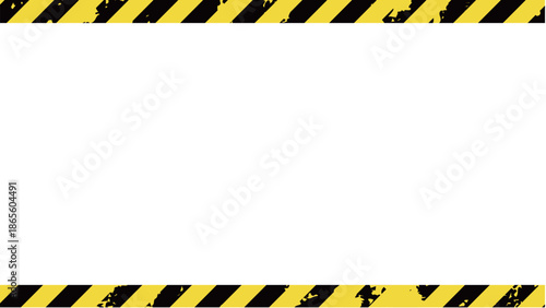 擦れてレトロな雰囲気の黄色と黒の警告色の斜めなストライプフレーム。危険やエラーを警告する縞模様。上下にテープが貼られた飾り枠のベクター素材。ビンテージな汚れのテクスチャ