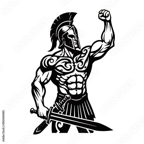 A powerful Spartan warrior with a raised fist and a sword, symbolizing strength and victory.