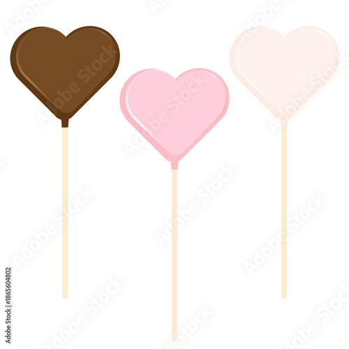 シンプルでかわいいハート型の棒付きチョコレートのイラストセット