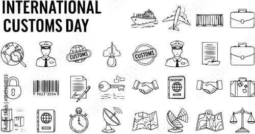 International Customs Day Hand-Drawn Line Art Icons Set. Black and white doodle symbols for global trade, logistics, travel, and border control, featuring customs officer, passport, ship