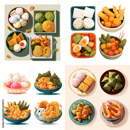 Illustrated set of Asian snacks and desserts arranged in plates and trays. Colorful traditional treats displayed neatly for festive menus and food presentation projects.