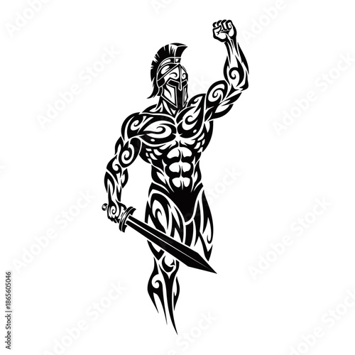 Stylized black and white tribal tattoo design of a muscular Spartan warrior holding a sword and raising his fist in triumph.