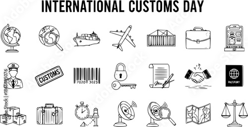 International Customs Day Hand-drawn Line Art Icons Set: Global Trade, Travel, Security  Logistics Black  White Doodle Symbols Collection