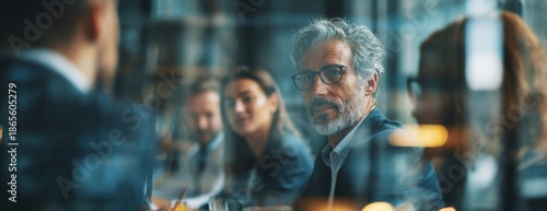 Business people engaged in discussion around table in office meeting  