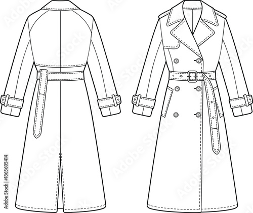 Cad drawing flat vector illustration, fashion trench coat technical sketch, garment