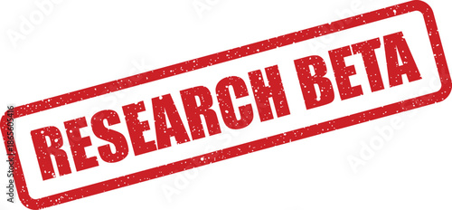 A textured rectangular rubber stamp mark displaying the words Research Beta for an early testing phase