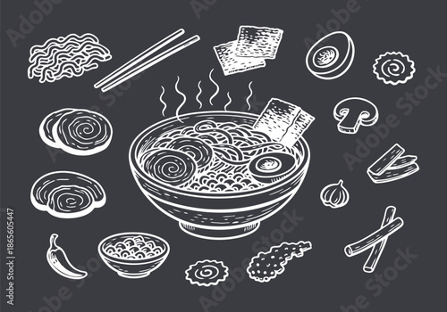Delicious Ramen Bowl and Japanese Ingredients Sketch