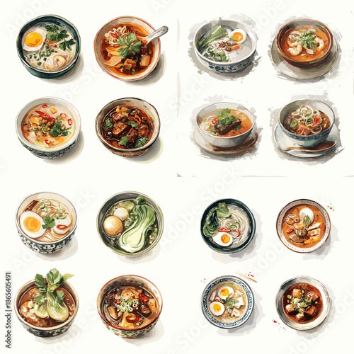 Top view illustration of assorted Asian soup bowls with rich broths vegetables and eggs. Multiple recipes displayed for culinary education menu design and food visuals.