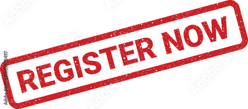 A textured rectangular stamp displaying the prominent words REGISTER NOW for immediate enrollment emphasis