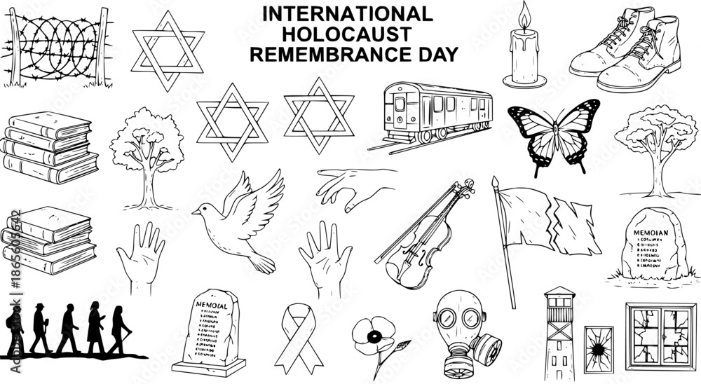 Fototapeta premium Holocaust Remembrance Day Black and White Line Art Icons Set. Commemorative symbols of history, human rights, and peace, including barbed wire, Star of David