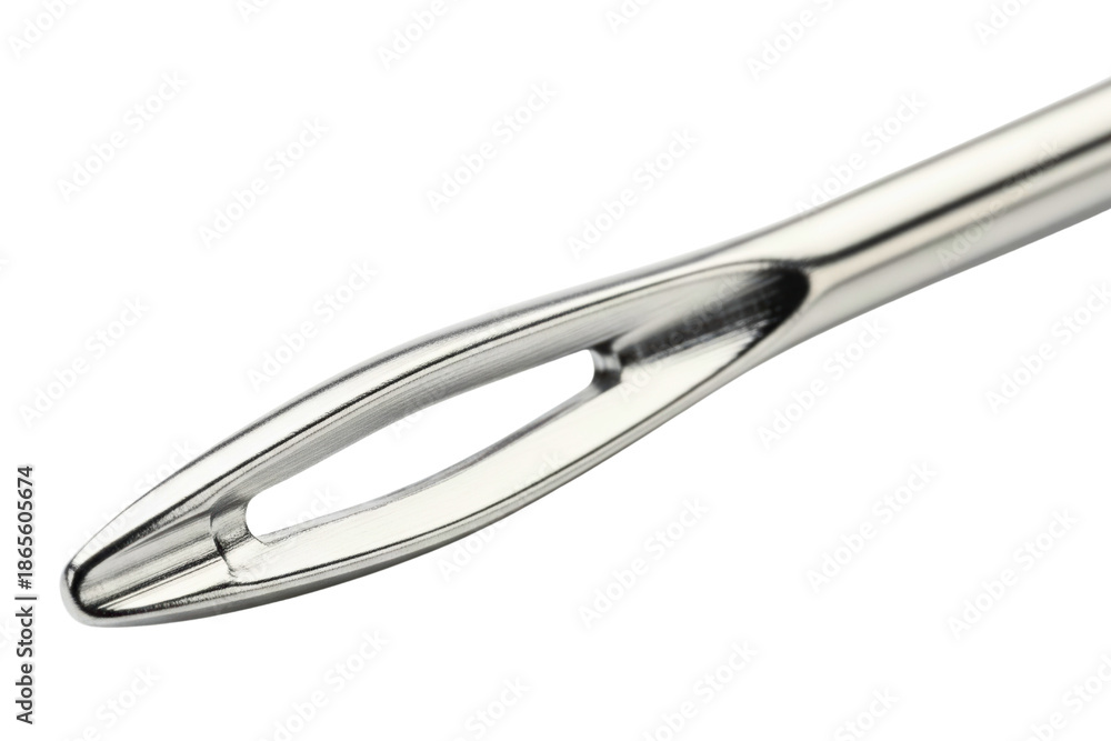 Fototapeta premium Macro closeup of silver sewing needle eye isolated with transparent background