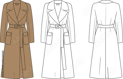 Cad drawing flat vector illustration, fashion trench coat technical sketch, garment
