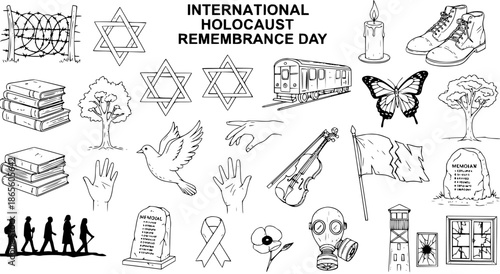 Holocaust Remembrance Day Black and White Line Art Icons Set. Commemorative symbols of history, human rights, and peace, including barbed wire, Star of David