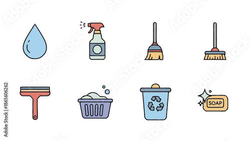 Collection of cleaning supplies and tools icons.