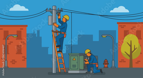 Electrician Working Outdoors
A flat vector illustration of an electrician repairing outdoor power lines or a utility box. Background includes buildings, poles, or street elements. 