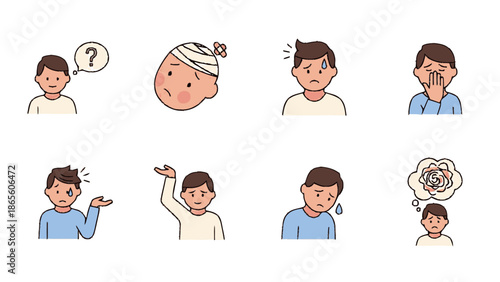 A set of illustrations depicting men experiencing various health issues and discomforts.