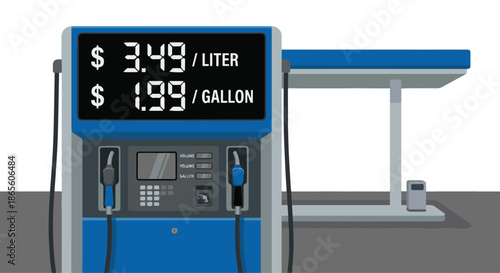 Fuel Pumper and Price Display
A flat vector illustration of a fuel pumper with a large digital price display above or on the pump. Numbers are bold and easy to read. Simple gas station setting. 