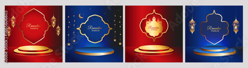 Luxurious Eid banner: golden podium, hanging lanterns, arabesque plaques, and mosque silhouettes on a red and blue background. Ideal for sales, advertising, social media posts, and holiday cards.