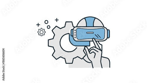 Virtual reality headset with gear icon, symbolizing immersive technology and development.
