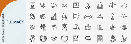 Diplomacy and international relations icons collection, thin line global politics government peace and negotiation banner vector illustration
