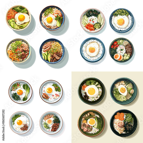 Flat lay illustration of Asian meals featuring noodles rice and soups served in colorful bowls. Balanced food arrangement ideal for menu layouts culinary blogs and branding visuals.