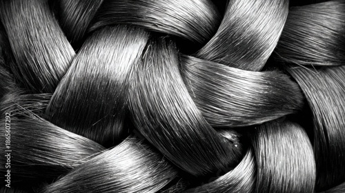 Close view of black braided hair with smooth texture and visible strands intertwined during daytime hours