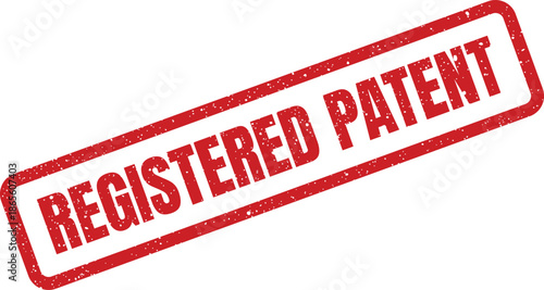 Distressed rectangular rubber stamp featuring prominent registered patent text, ideal for official documents or legal branding