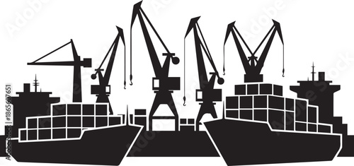 Cargo Ship and Port Cranes Silhouette Vector Illustration