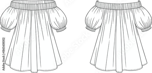 Cad drawing flat vector illustration, off-shoulder dress fashion template, garment sketch, apparel