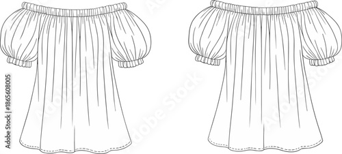 Cad drawing flat vector illustration, off-the-shoulder blouse design, puff sleeve fashion sketch,