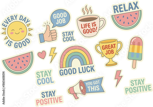 Pastel positive stickers set, good vibes messages, stay cool icons, motivational phrases, cute summer elements, soft illustration pack