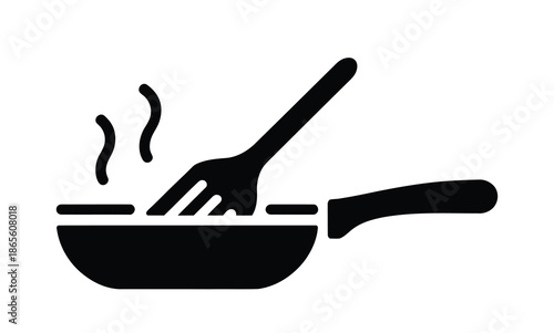 black frying pan with fork and steam rising, vector illustration