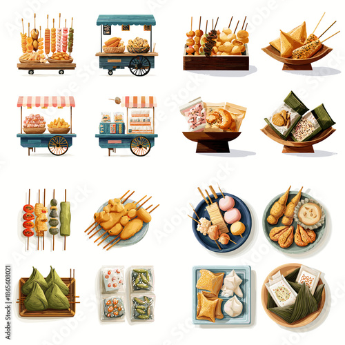 Illustration of Asian street food snacks and skewers displayed in sets. Fried snacks dumplings and grilled items arranged neatly for food branding and menu visuals.