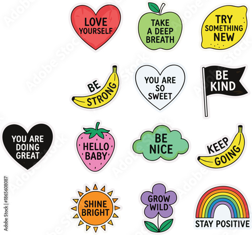 Self care motivation stickers set, positive affirmation messages, kindness quotes, cute icons, mental health encouragement, colorful illustration pack