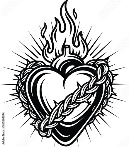 Sacred heart with flames and thorny rope isolated on transparent background