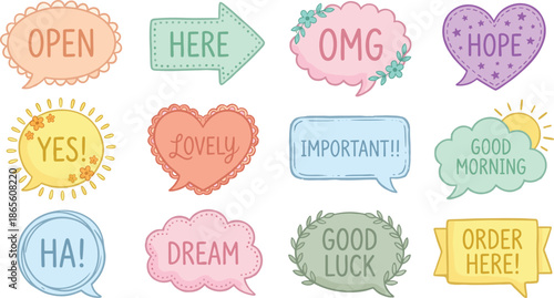 Cute pastel speech bubble stickers set, soft message labels, lovely words icons, kawaii decoration elements, minimal illustration pack