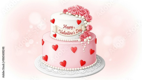 A beautifully decorated two-tiered pink cake with red hearts and roses for Valentine's Day
