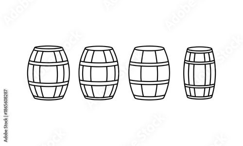 Four wooden barrels in a row on white background, vector illustration