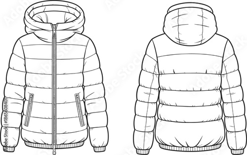 Cad drawing flat vector illustration, padded winter jacket design, hooded quilted outerwear