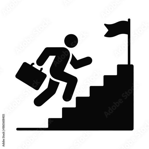 man climbing stairs with briefcase to flag on top, vector illustration