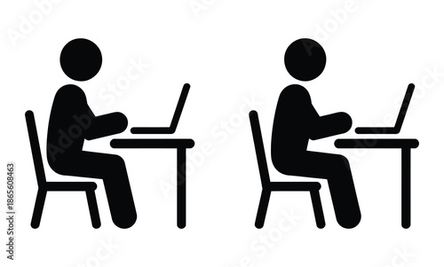 people sitting at desks with laptops, vector illustration