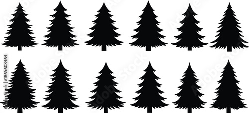 Cad drawing flat vector illustration, pine tree silhouette collection, twelve black shapes, pattern recognition icons, nature graphic design set
