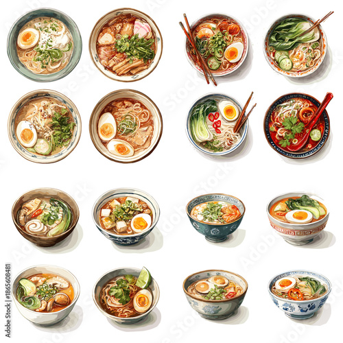 Top view illustration of Asian noodle and soup dishes served in ceramic bowls. Assorted meals with eggs vegetables and broth arranged neatly on a light background.